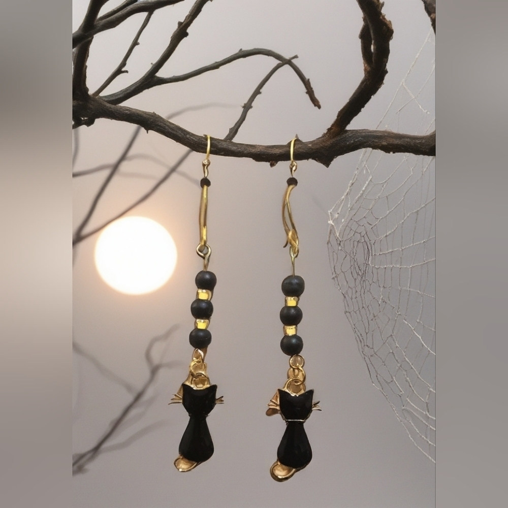 Chic Black and Gold Cat Charm Earrings - Only One Pair Of Available